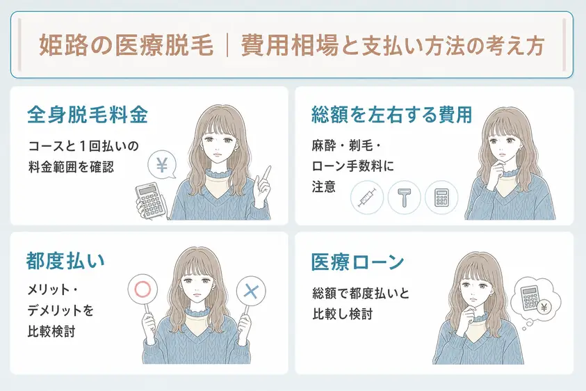 姫路の医療脱毛の費用相場はコース料金と都度払いとコース料金、追加費用などを考慮するを説明