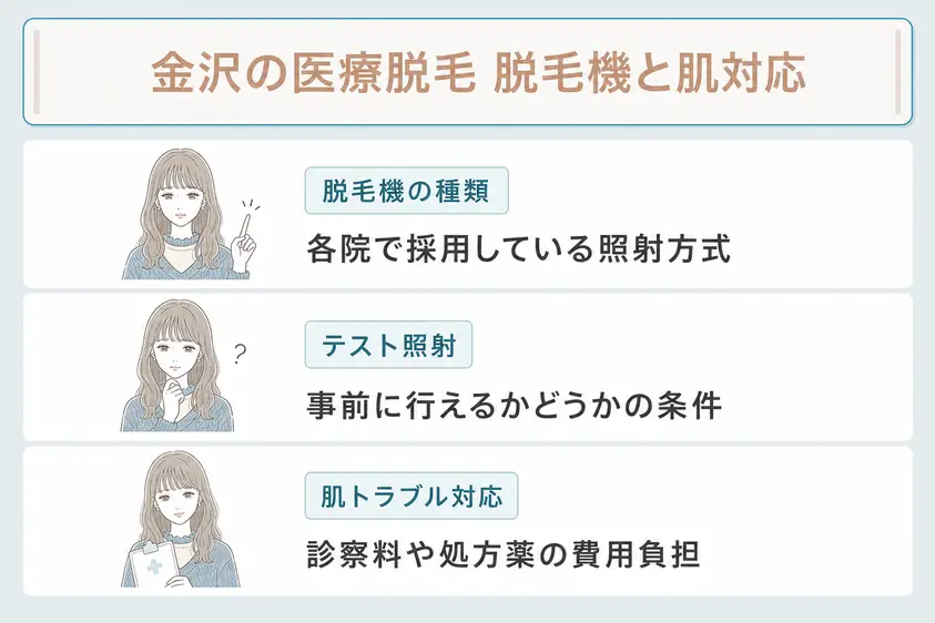 金沢の医療脱毛を検討する際には脱毛機の種類やテスト照射、肌トラブル時の対応についても検討することを説明