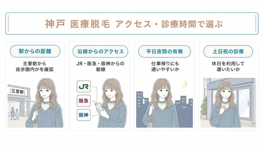 神戸三宮エリアの医療脱毛クリニックはアクセスや診療時間などの通いやすさも検討することを説明