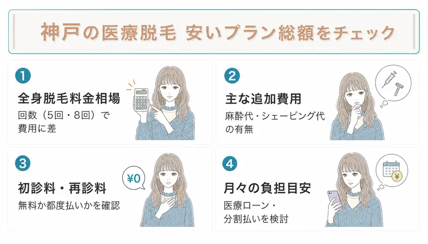 神戸三宮エリアで安いプランの医療脱毛を選ぶ場合は全身脱毛の料金相場や追加費用などを含めて検討することを説明