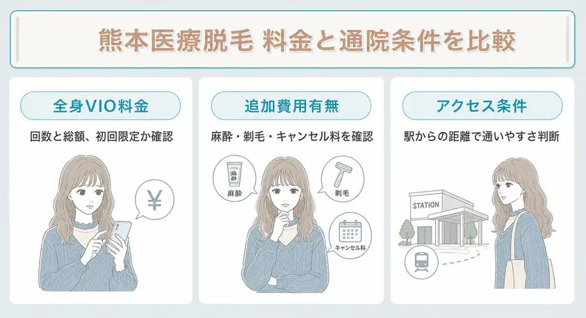 熊本の医療脱毛を選ぶ際には料金や追加費用、通院条件を比較検討することを説明