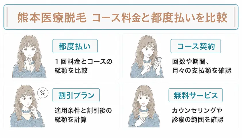熊本で医療脱毛クリニックを選ぶ際は都度払いとコース料金の違いや割引プランなどを検討することを説明