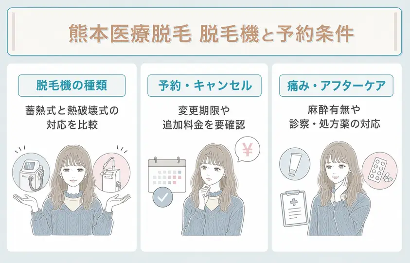 熊本の医療脱毛を選ぶ際には脱毛機や予約条件も検討することを説明