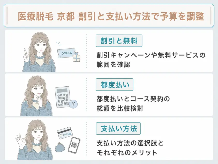 京都で医療脱毛を選ぶ際には割引や無料サービスについても検討することを説明