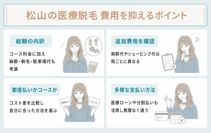 松山の安い医療脱毛クリニックを選ぶ場合は都度払いとコース料金の料金相場などを確認することを説明