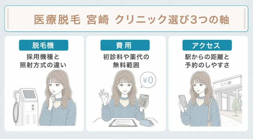 宮崎で医療脱毛クリニックを選ぶ際には脱毛機・費用・アクセスを3軸で検討することを説明