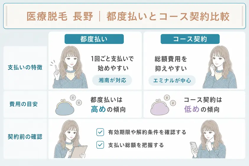 長野の医療脱毛クリニックを選ぶ際には都度払いとコース料金を比較することを説明