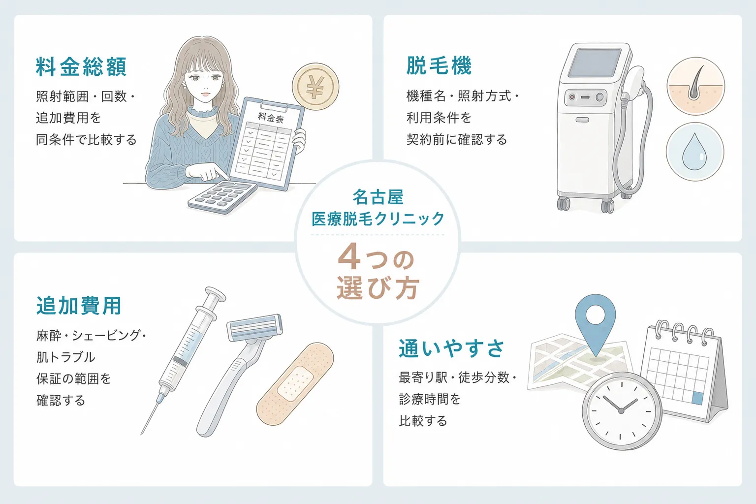 名古屋の医療脱毛クリニックを選ぶ際には料金総額や脱毛機の種類、追加費用、通いやすさを考慮する