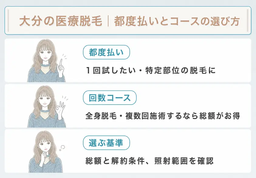 大分の医療脱毛クリニックを選ぶ場合は都度払いとコース料金を確認することを説明
