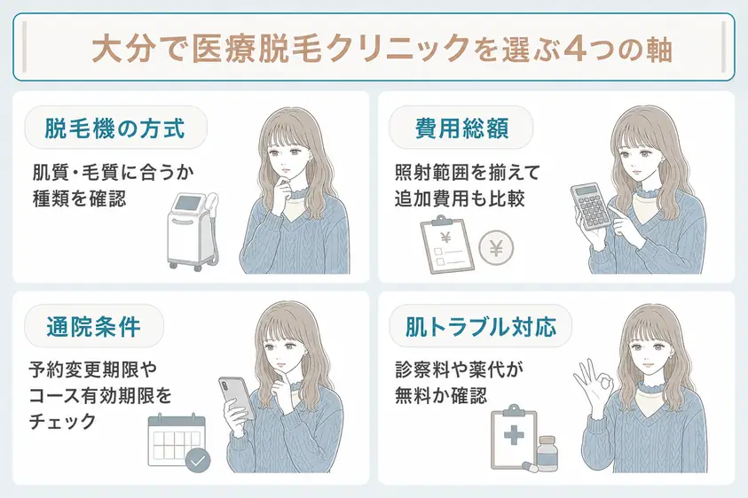 大分の医療脱毛を選ぶ際には脱毛機の種類や通いやすさを考慮することを説明
