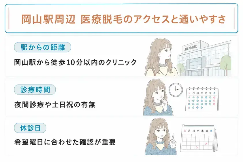 岡山駅や表町から通いやすい医療脱毛クリニックを検討することを説明