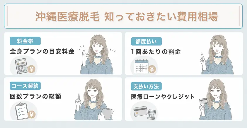 沖縄の医療脱毛を選ぶ際には都度払いとコース料金の違いや支払方法を検討することを説明
