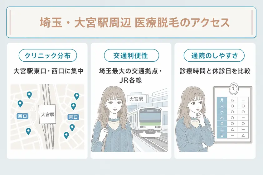 埼玉の医療脱毛クリニックは大宮駅周辺に選択肢が多く利便性や通院のしやすさを検討することを説明