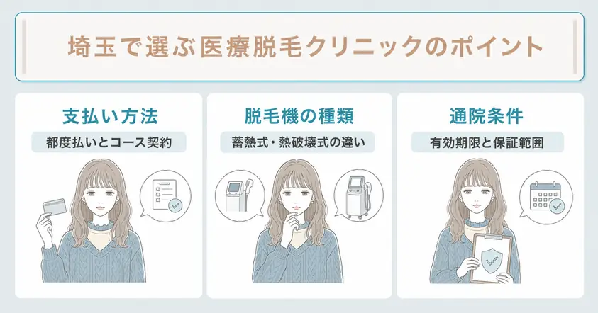 埼玉の医療脱毛を選ぶ際は都度度払いとコース料金の支払い方式、脱毛機の種類、コースの有効期限を確認することを説明