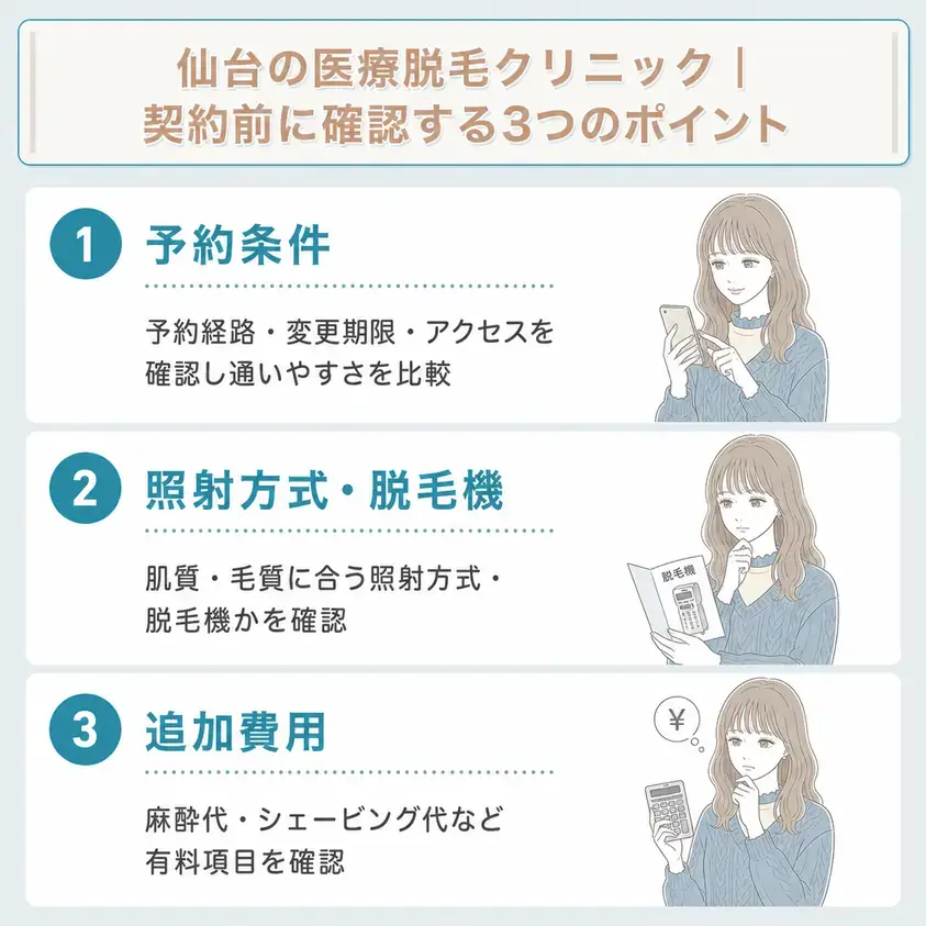 仙台の医療脱毛クリニックを契約する前に確認するポイントとして予約条件や照射方式、追加費用について説明