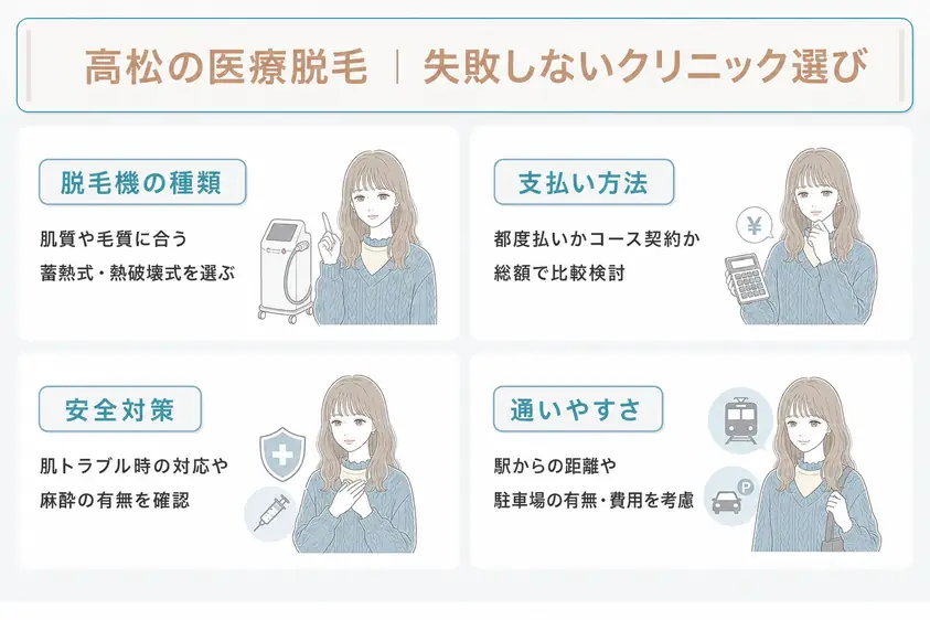 高松の医療脱毛を選ぶときには脱毛機の方式や副作用の対応などを検討することを説明