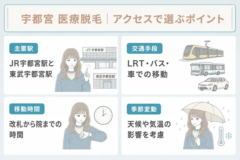 宇都宮の医療脱毛は宇都宮駅からのアクセスや診療時間などを考慮することを説明