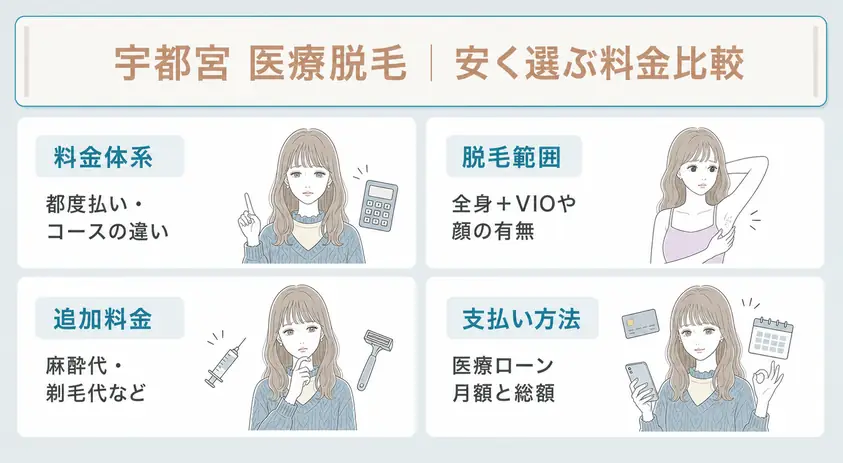 宇都宮の安い医療脱毛クリニックを選ぶ際には都度払いとコース料金の違いや追加費用などを考慮することを説明