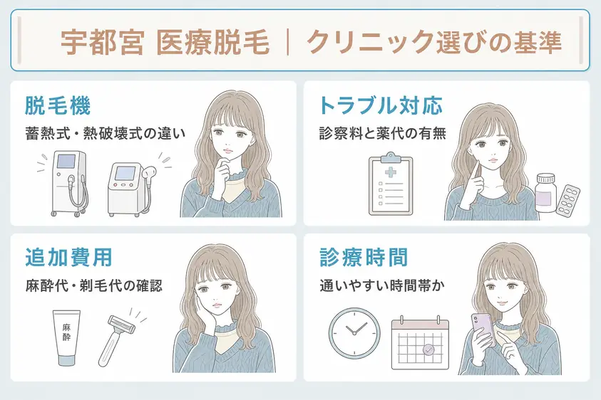 宇都宮の医療脱毛は脱毛機の種類やトラブル時の対応などを考慮することを説明