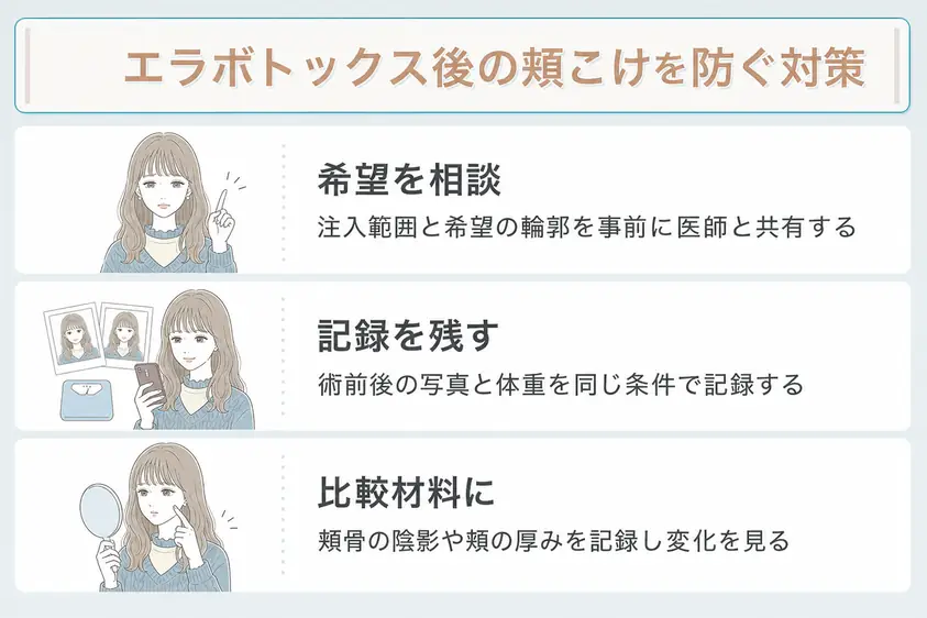 エラボトックスで頬こけを防ぐために施術前後で希望する輪郭や写真などを確認することを説明