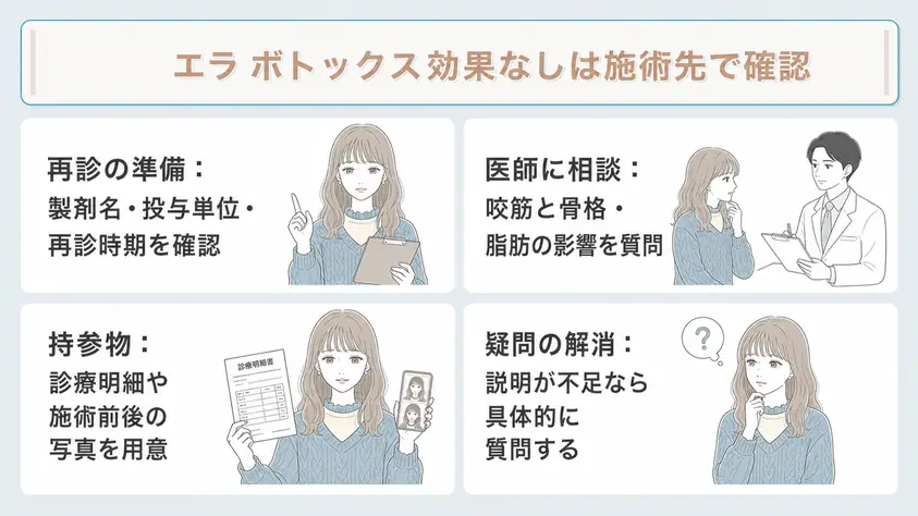 エラボトックスの効果がないと感じたら施術先で咬筋と施術内容を確かめることを説明