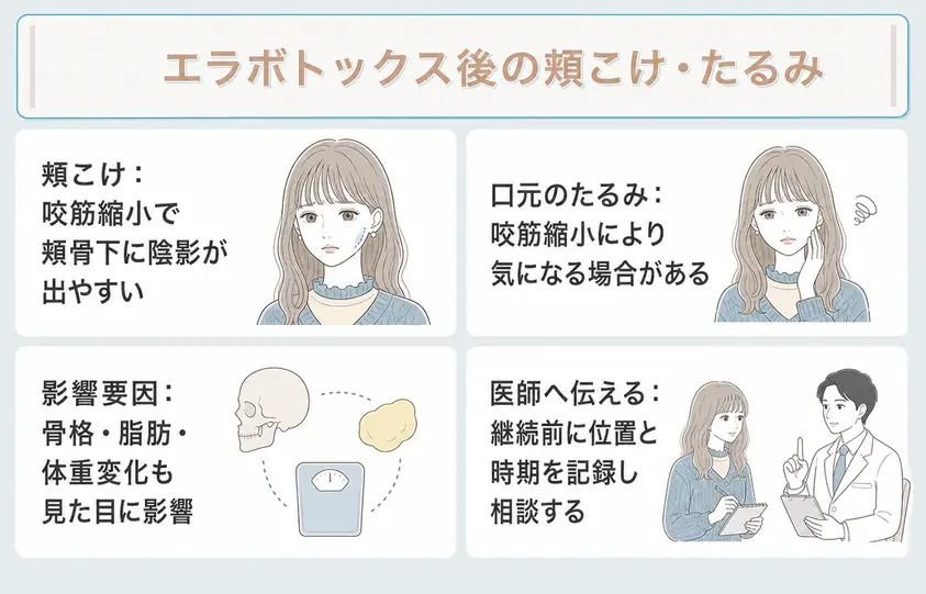 エラボトックスをやりすぎると起こり得る頬こけやたるみなどのリスクについて説明